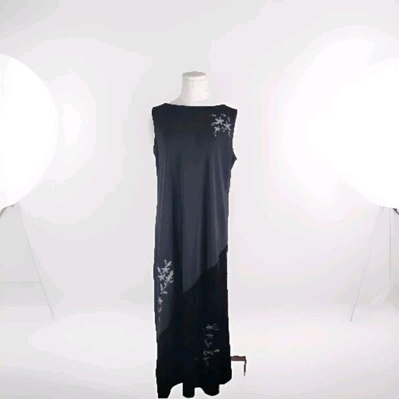 Vtg Black Embroidered Maxi Dress Velvet Burnout Whimsigoth Grannycore Large - Picture 1 of 9